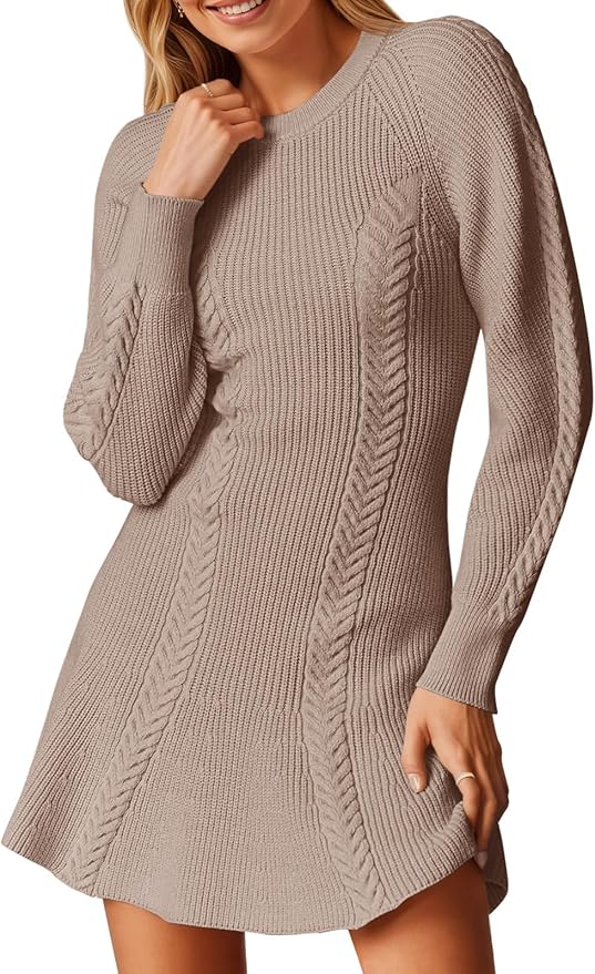 A Line Crew Neck Cable Knit Sweater Dress PW1