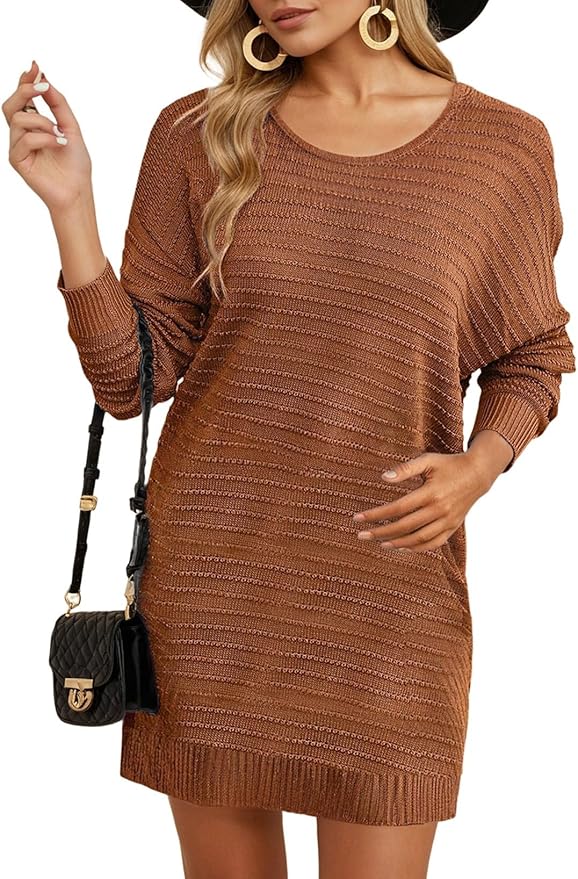 Brown Textured Pullover Knit Dress PW45