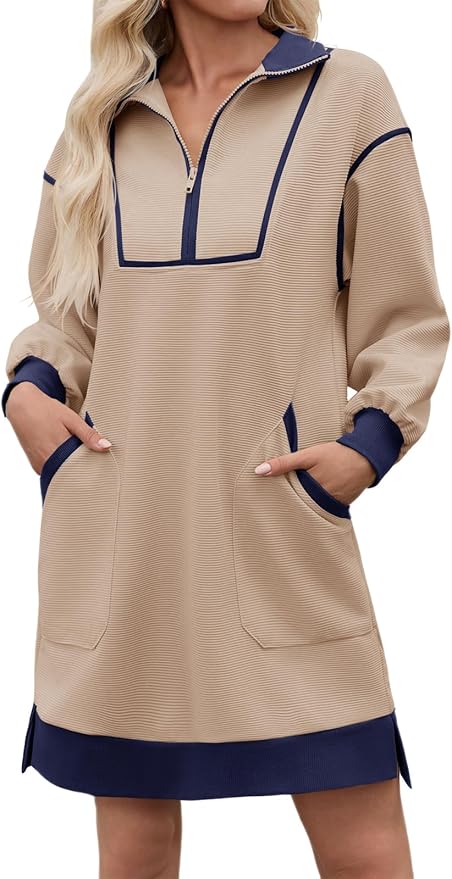 Half Zip V Neck Sweater Dress PW41