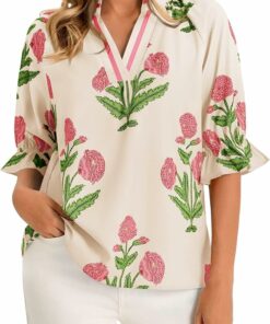 Beige Floral V Neck Blouse PW95