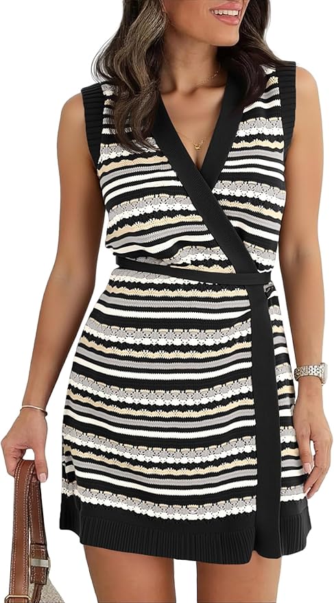 Black Crochet Knit Tie Waist Dress PW73