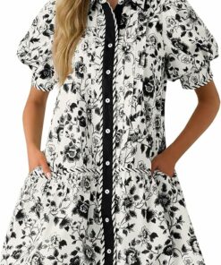 Black Floral Collared V Neck Dress PW67