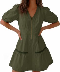 Casual Half Zip V Neck Mini Dress PW76