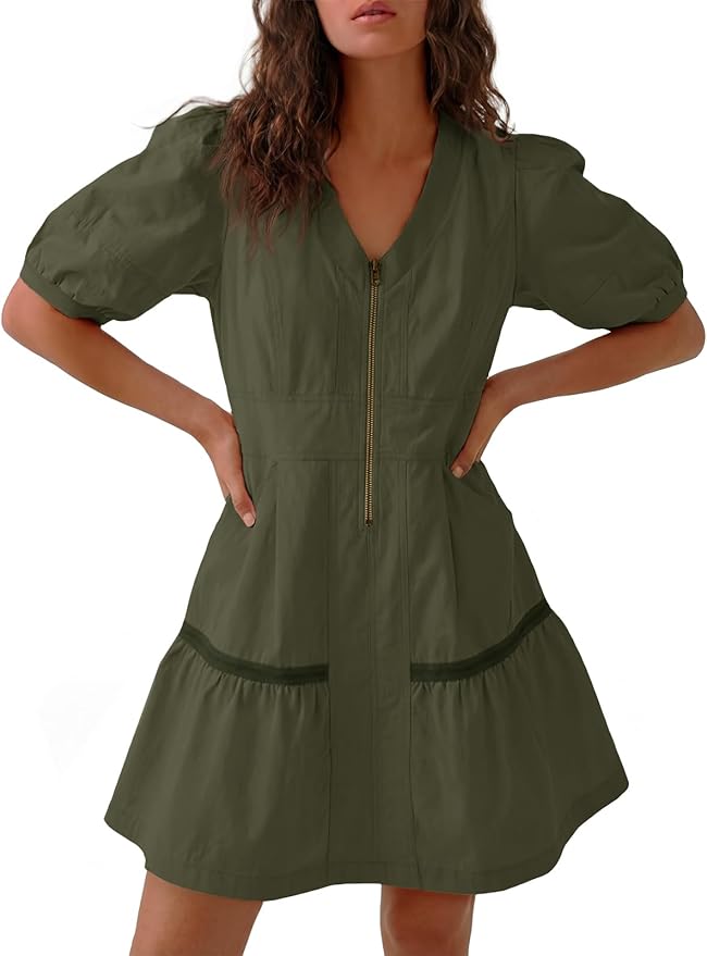 Casual Half Zip V Neck Mini Dress PW76