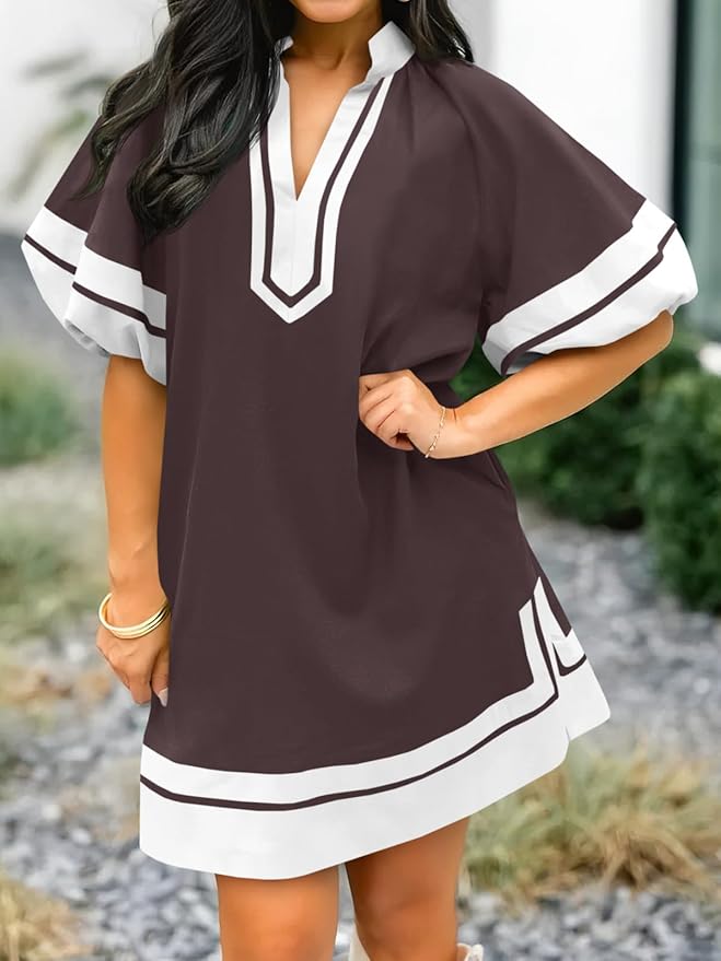 Casual V Neck Color Block Dress PW52 - Image 2