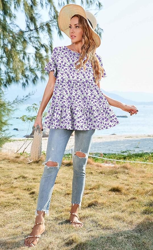 Purple Flower White Crewneck Loose Top PW83 - Image 2