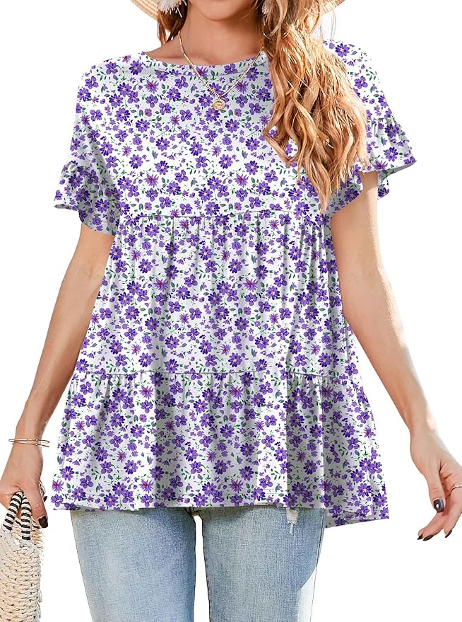 Purple Flower White Crewneck Loose Top PW83