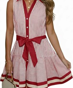 Red Collared V Neck Striped Dress PW68