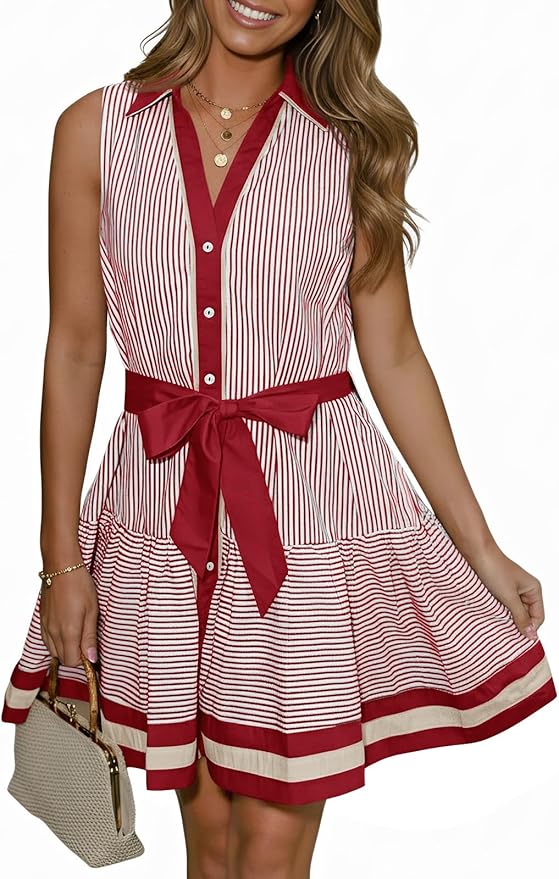 Red Collared V Neck Striped Dress PW68