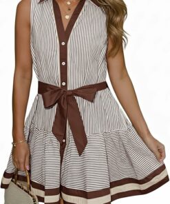 Sleeveless Collared V Neck Striped Dress PW69