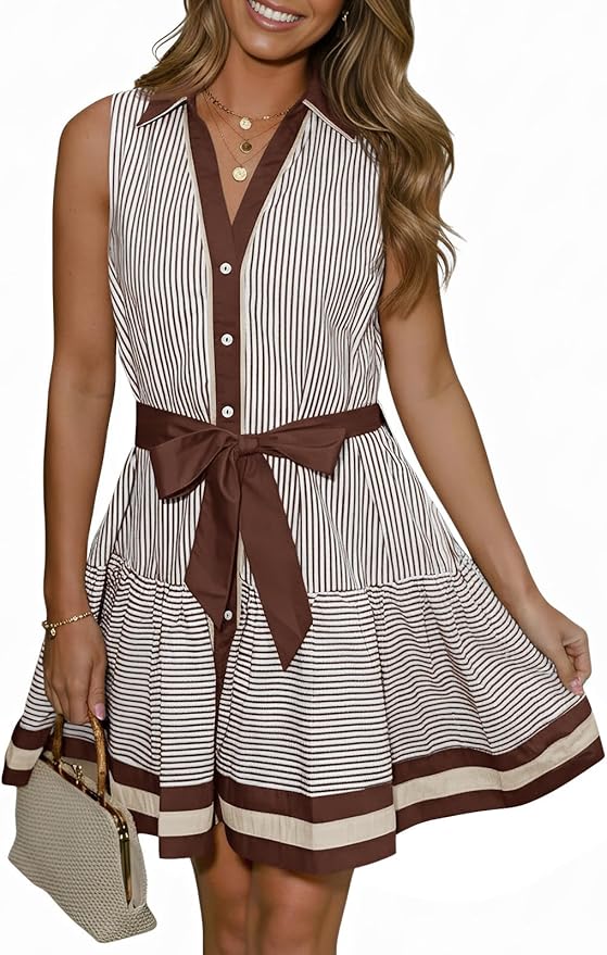 Sleeveless Collared V Neck Striped Dress PW69