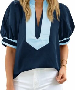 Womens Color Block Puff Sleeve Top PW92