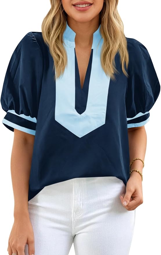 Womens Color Block Puff Sleeve Top PW92