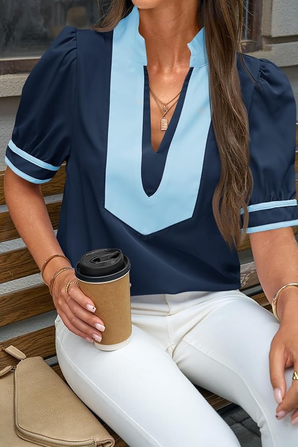 Womens Color Block Puff Sleeve Top PW92 - Image 2